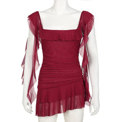 Square neck ruffle mesh ruched cami mini dress