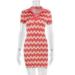 Short sleeve contrast turnover collar button mini dress | red tango dress