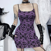 U neck velvet print mesh ruffle cami mini dress