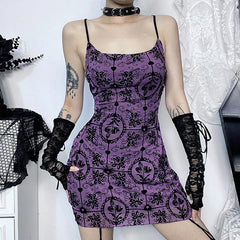 U neck velvet print mesh ruffle cami mini dress