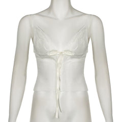 Bowknot ribbon lace hem backless solid cami top