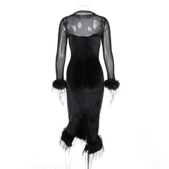 Long sleeve feather velvet mesh patchwork slit high neck midi dress