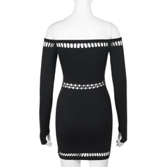 Off shoulder long sleeve hollow out beaded mini dress