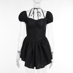 Short puff sleeve sweetheart neck ruched halter smocked mini dress