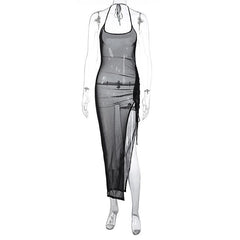 Halter drawstring sheer mesh see through slit backless maxi dress | samba dress