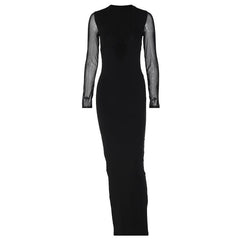 Mesh patchwork solid low cut long sleeve cross front maxi dress | black rave dress | black rave dress