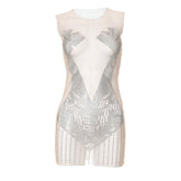 Sleeveless crewneck beaded mesh patchwork see through mini dress