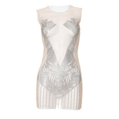 Sleeveless crewneck beaded mesh patchwork see through mini dress