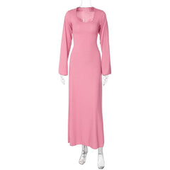 Long sleeve u neck ribbed solid maxi dress | red tango dress