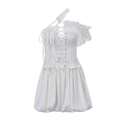One off shoulder irregular lace up satin ruffle puff skirt set