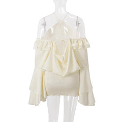 Flared sleeve halter backless ruffle drawstring mini dress