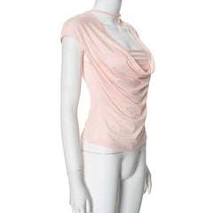 Cap sleeve cowl neck ruched solid top