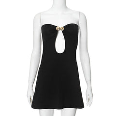 Metal applique hollow out solid tube mini dress