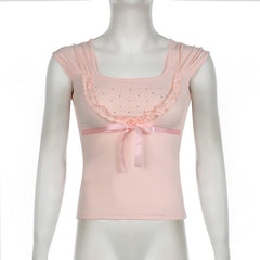Bowknot beaded ruched u neck ruffle top