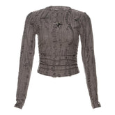 Ruched long sleeve textured star applique crewneck crop top