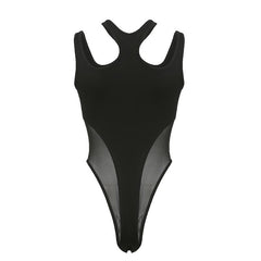 Mesh patchwork metal tag hollow out sleeveless solid bodysuit