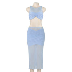 Crewneck sleeveless ruched mesh crop maxi skirt set