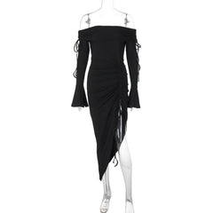 Off shoulder long flared sleeve drawstring ruched midi dress