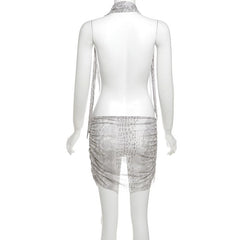Snakeskin print halter sheer mesh irregular ruched mini dress | samba dress