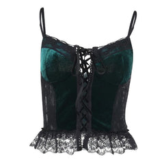 Velvet lace patchwork lace up sweetheart neck cami top