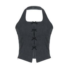 Halter bowknot slit backless zip-up sleeveless crop top