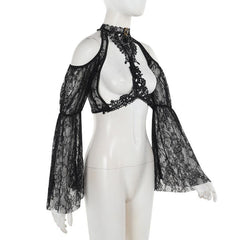 Long sleeve off shoulder lace hollow out shrug top