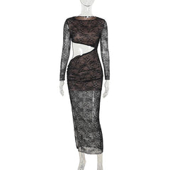 Crewneck long sleeve lace hollow out maxi dress