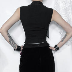 Butterfly embroidery sleeveless mesh knotted top