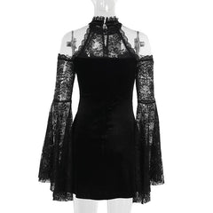 Off shoulder long flared sleeve lace velvet mini dress