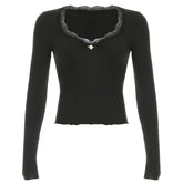 V neck long sleeve lace hem flower applique top