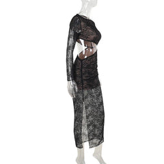 Crewneck long sleeve lace hollow out maxi dress