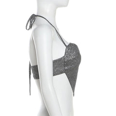 Halter backless zip-up beaded sweetheart neck crop top