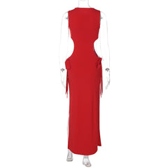 Crewneck sleeveless bowknot hollow out slit maxi dress