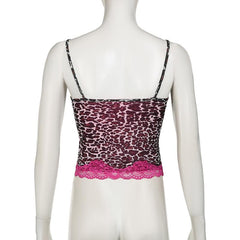 Leopard print mesh bowknot lace hem cami top