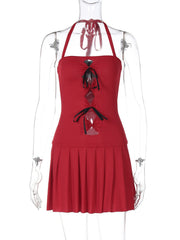 Halter bowknot ruched hollow out mini dress
