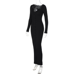 Long sleeve lace hem button maxi dress