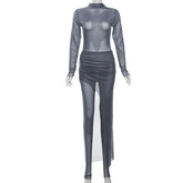 Long sleeve high neck slit mesh jumpsuit maxi skirt set