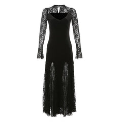 Long sleeve v neck lace velvet patchwork maxi dress