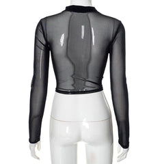 High neck mesh velvet patchwork long sleeve crop top