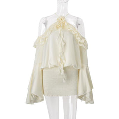 Flared sleeve halter backless ruffle drawstring mini dress