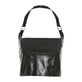 Halter PU leather buckle zip-up stitch solid top