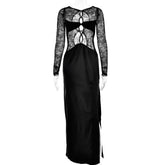 Long sleeve crewneck lace hollow out high slit cut out maxi dress