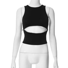 Crewneck zip-up hollow out solid tank top