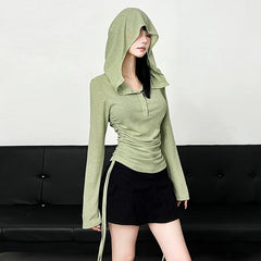 Hoodie long sleeve button drawstring ruched top