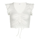 Cap sleeve drawstring ruched ribbed crop top