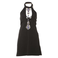 Halter hollow out metal chain gemstone pendant mini dress