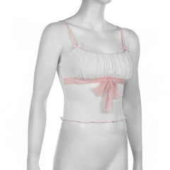 Ruched lace hem bowknot ruffle cami top