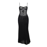 Sheer mesh dragon print ruched cami midi dress | samba dress
