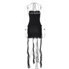 Halter ruffle sweetheart neck solid backless mini dress