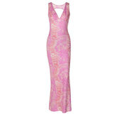 Sleeveless v neck print backless maxi dress